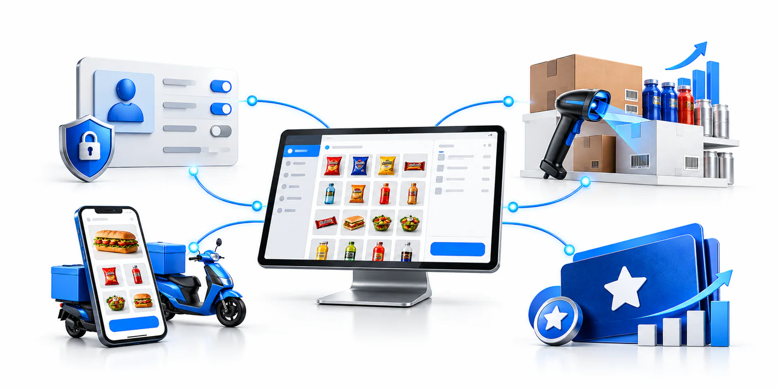 Digital convenience-store technology ecosystem for controls, scan data, delivery, and loyalty