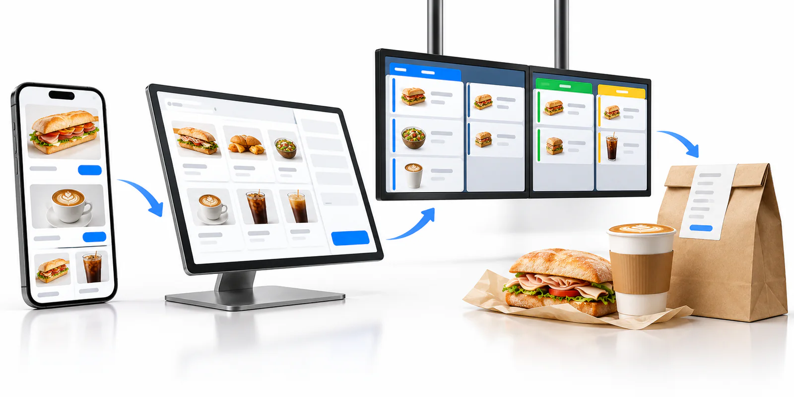 Digital deli and cafe order flow from smartphone to POS, kitchen display, and pickup
