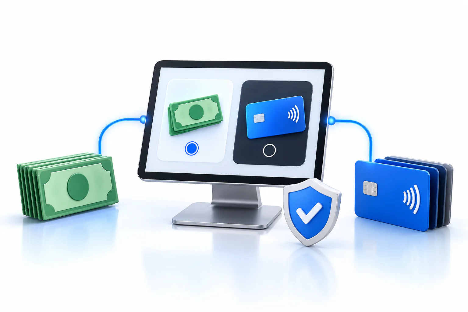 Digital illustration of clearly presented cash and card pricing choices with a compliance shield