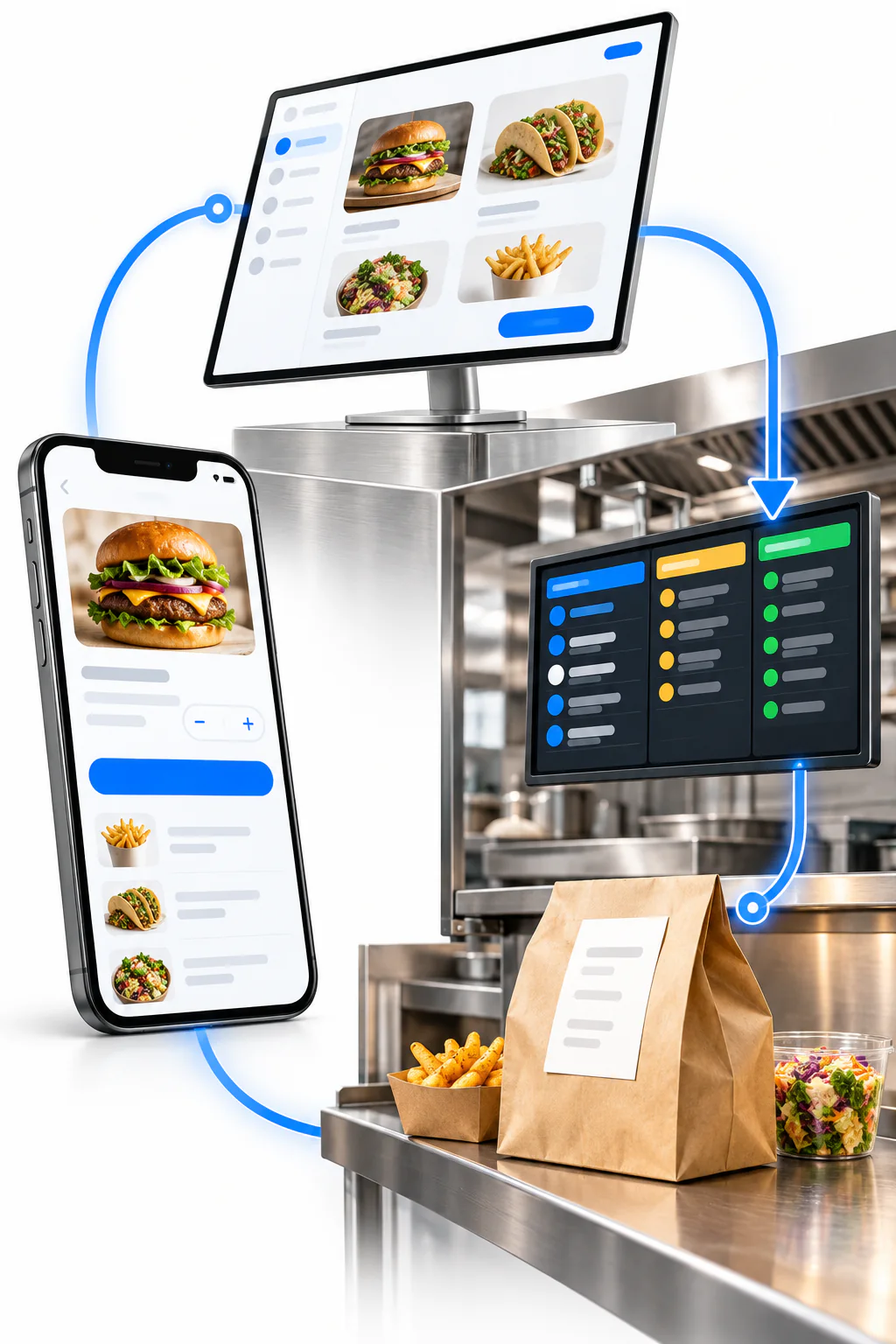 Digital food-truck order flow from smartphone to POS, kitchen display, and pickup