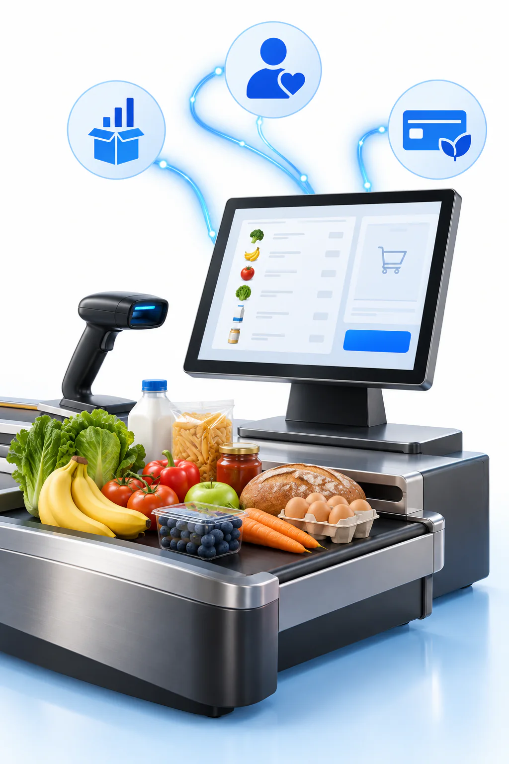Digital grocery POS, scanning, inventory, loyalty, and benefit-payment ecosystem