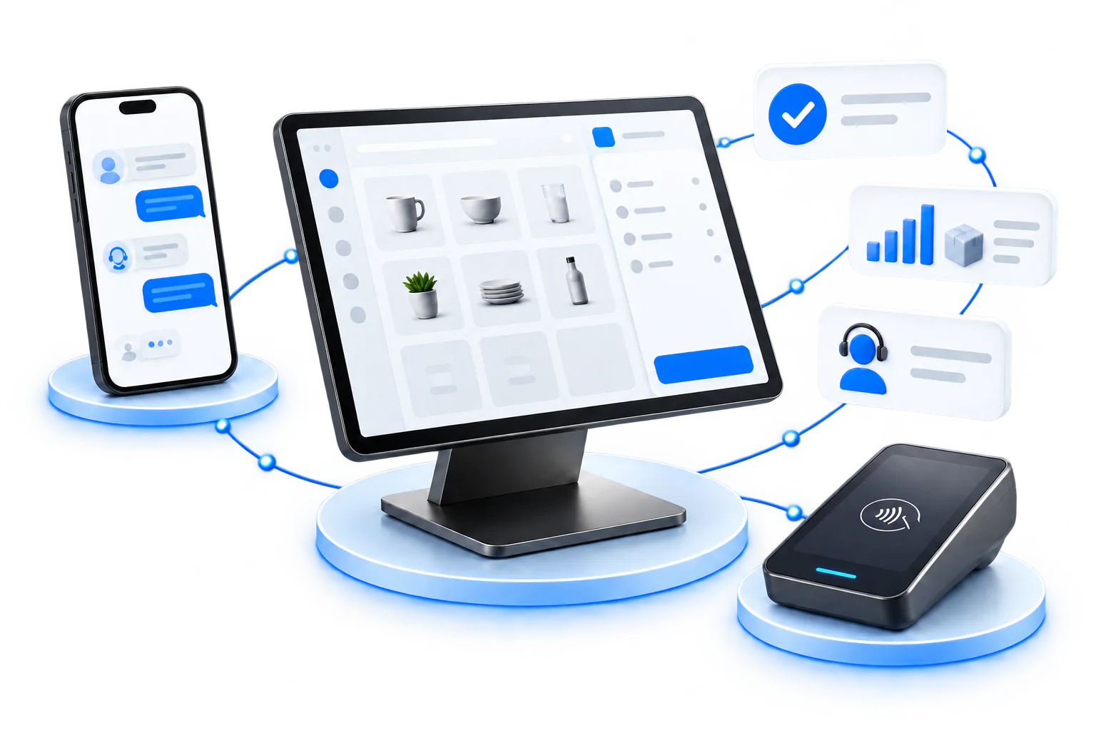Digital illustration of a slim point-of-sale system connected to payments and support