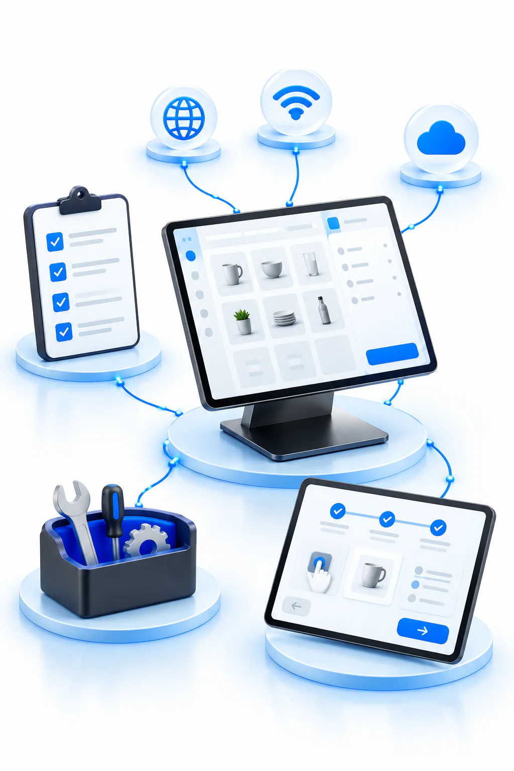 Digital illustration of point-of-sale installation, configuration, and team training
