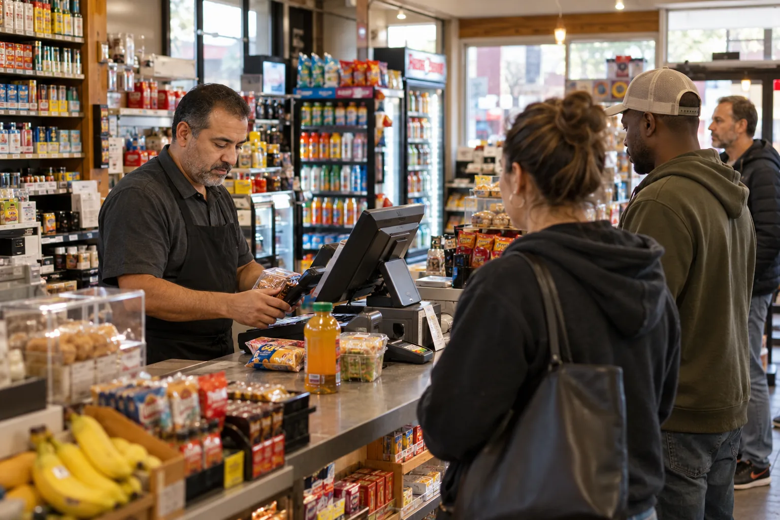 Independent convenience store owner working at a checkout counter