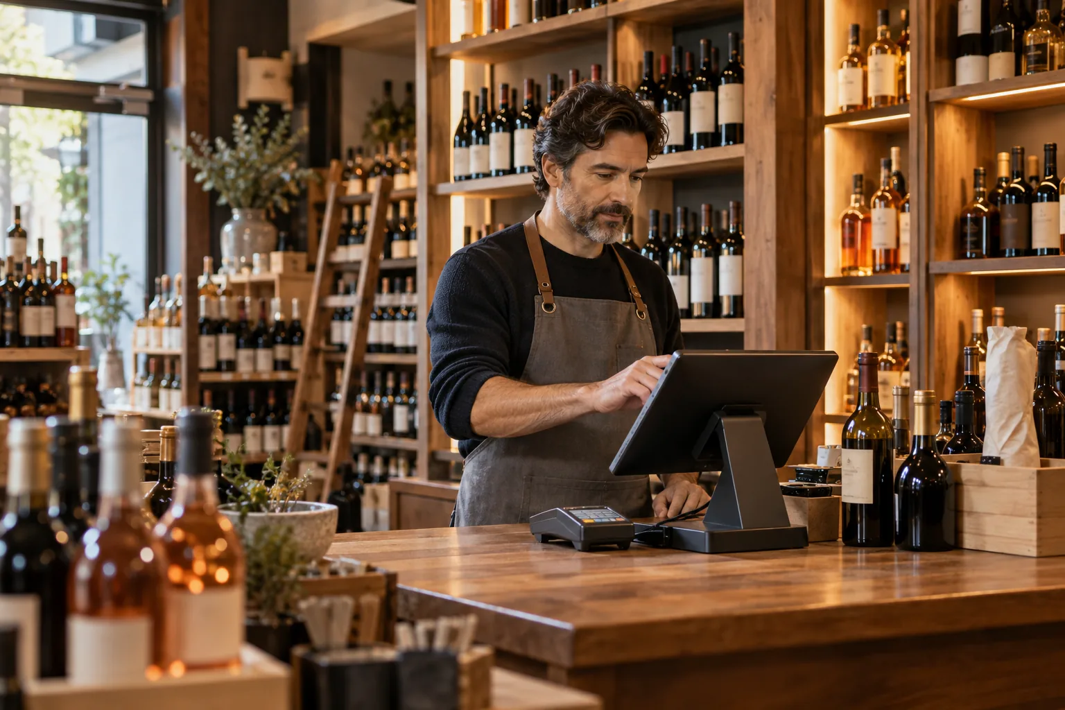 Owner at the point-of-sale counter of an independent wine and spirits shop