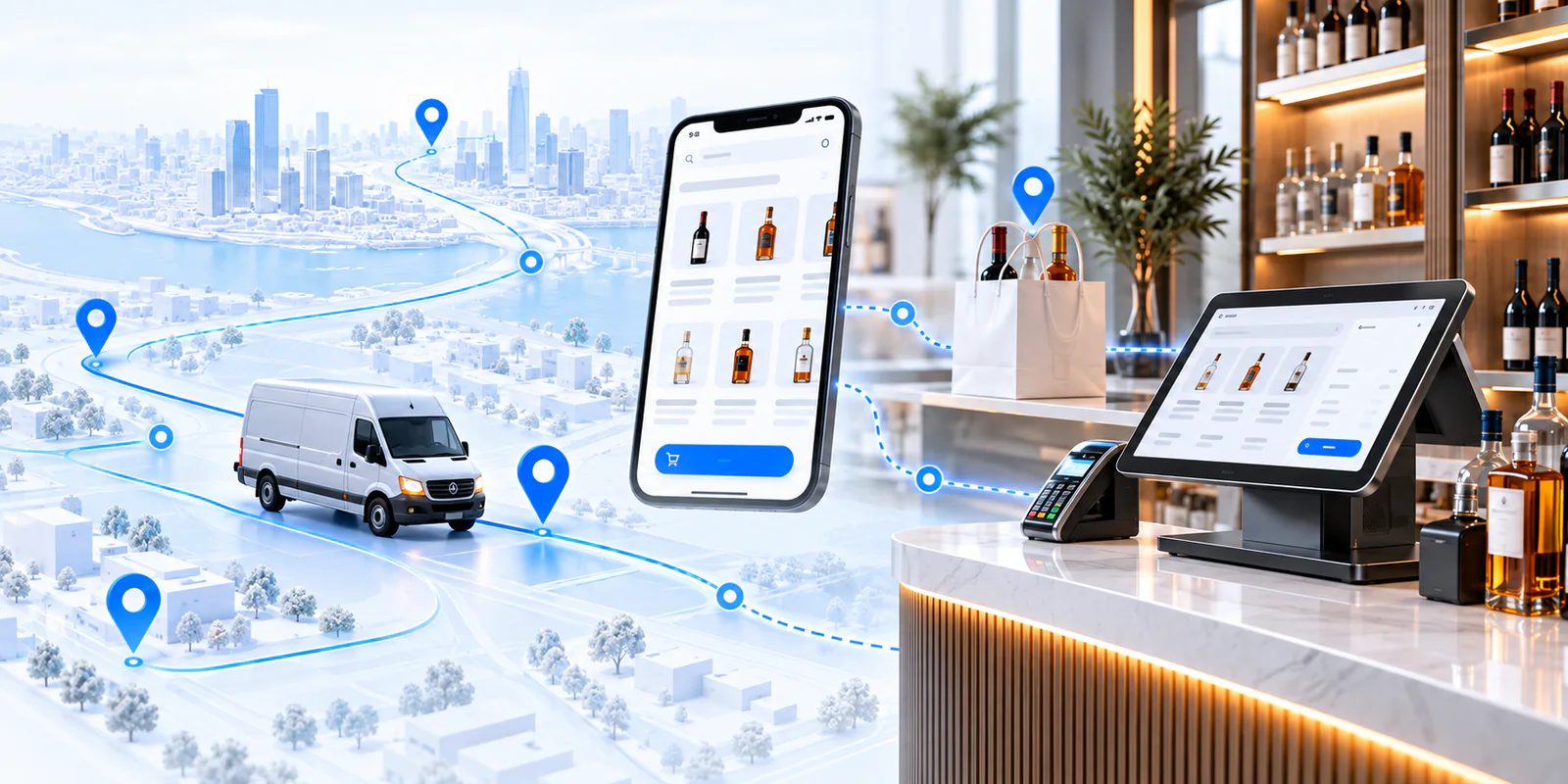 Digital illustration of liquor store ordering, pickup, and delivery tools