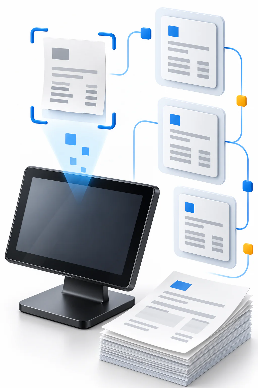 Digital illustration of a modern POS automatically capturing and organizing invoices