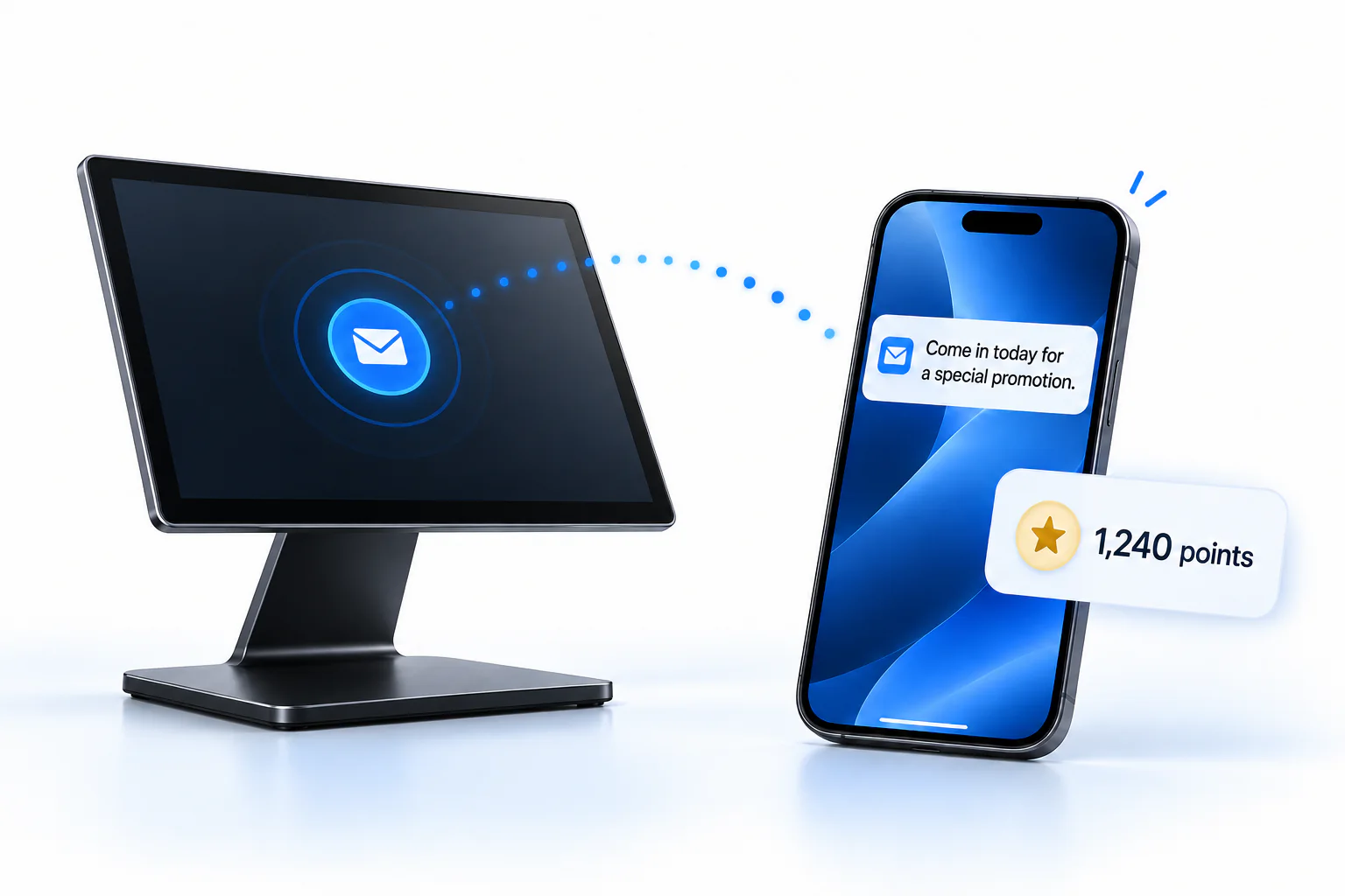 Digital illustration of a modern POS sending a store promotion to a customer phone with a loyalty points balance