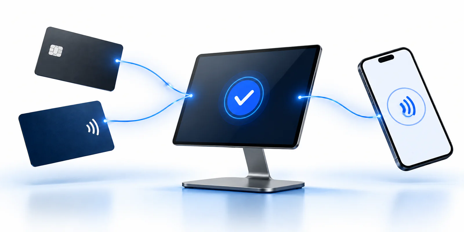 Digital illustration of card, contactless, and mobile payments connecting to a slim modern POS