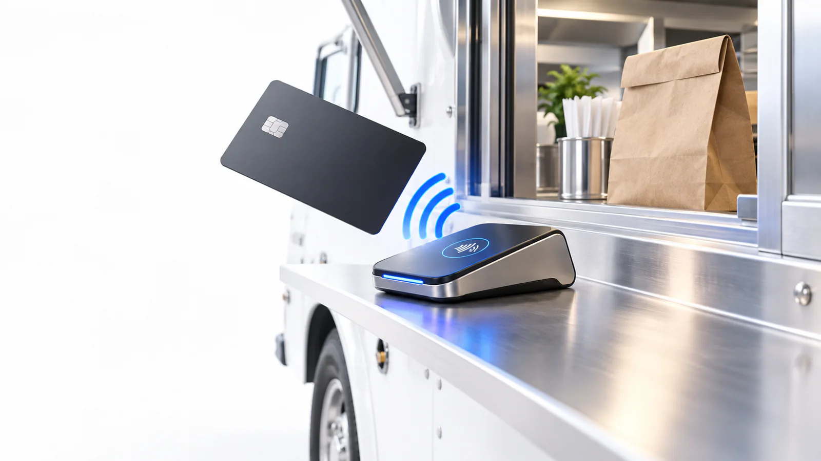 Digital illustration of a contactless card payment at a food truck service window