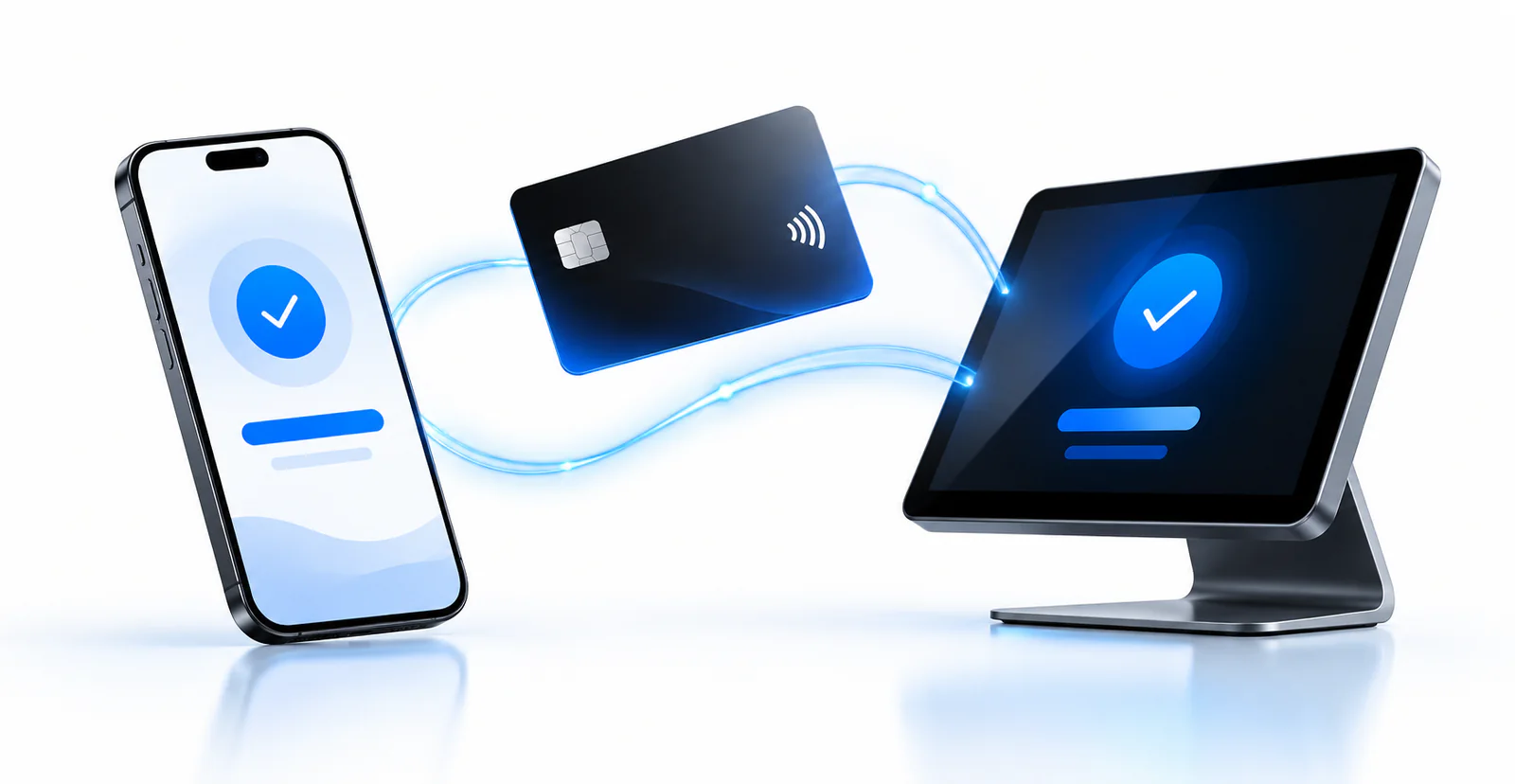 Digital illustration of mobile and card payments connecting to a slim modern POS