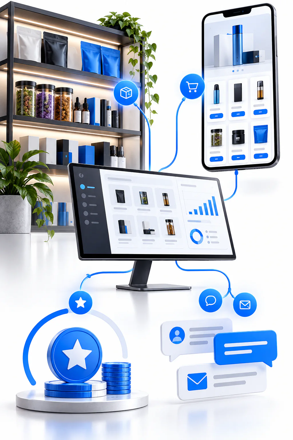 Digital specialty-retail system connecting inventory, online ordering, loyalty, and customer messaging