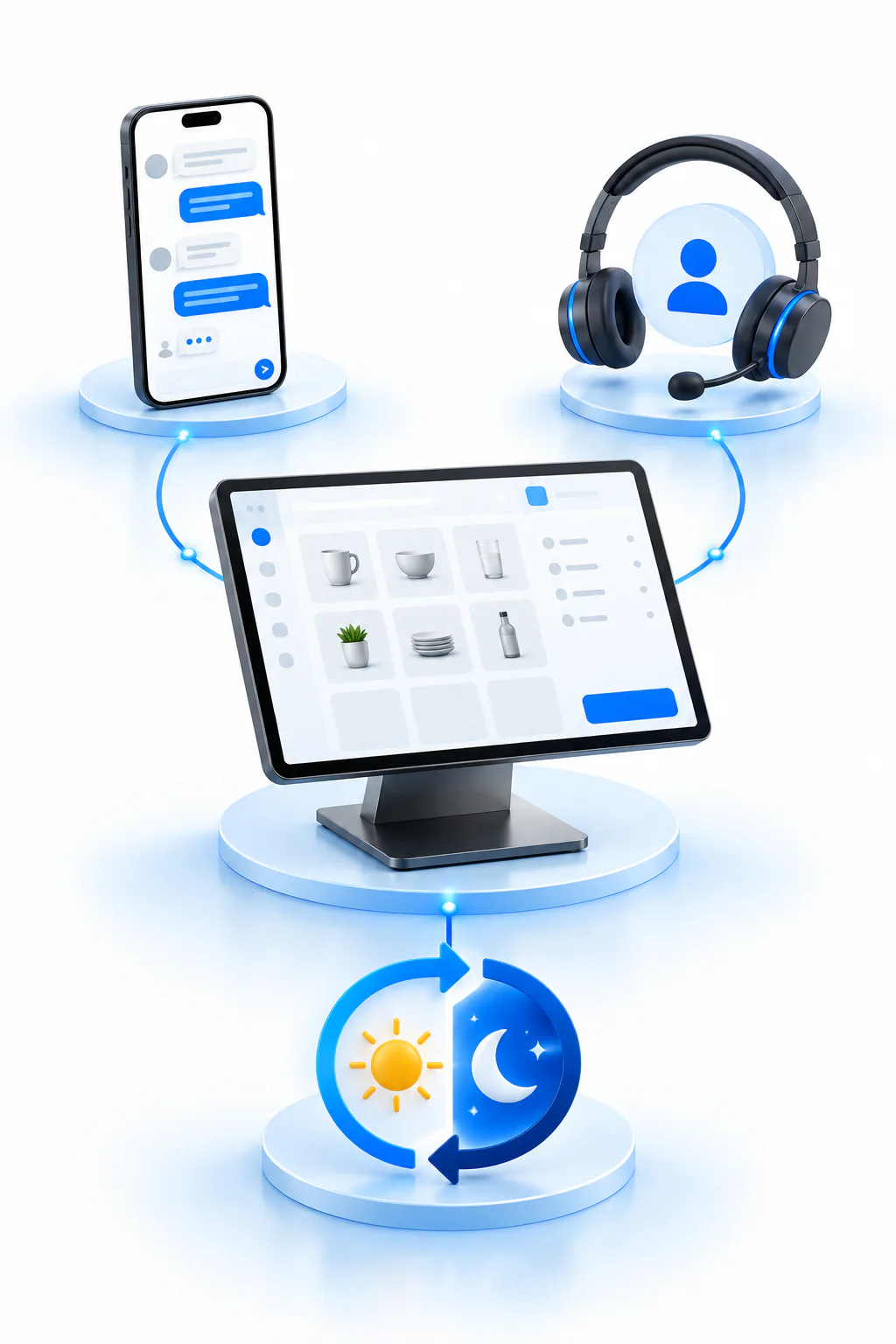 Digital illustration of round-the-clock point-of-sale support by call and text