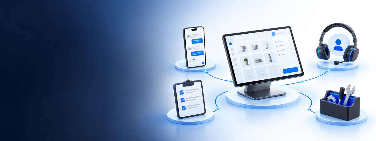 Digital illustration of connected point-of-sale installation, training, and support